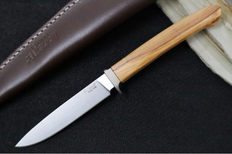 Lionsteel AG01 Fixed Blade - Olive Wood Handle & Titanium Bolsters / M390 Steel / Drop Point Blade / Brown Leather Sheath AG01UL