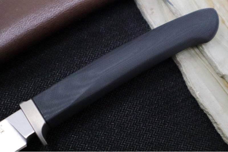 Lionsteel AG01 Fixed Blade - Black G-10 Handle & Titanium Bolsters / M390 Steel / Drop Point Blade / Brown Leather Sheath AG01GBK - Northwest Knives
