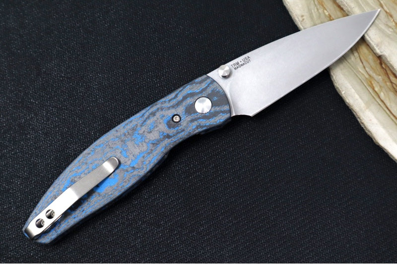 TRM Knives ATOM Linerlock - Electric Blue Camo Carbon Handle  / Magnacut Steel / Tumbled Finish
