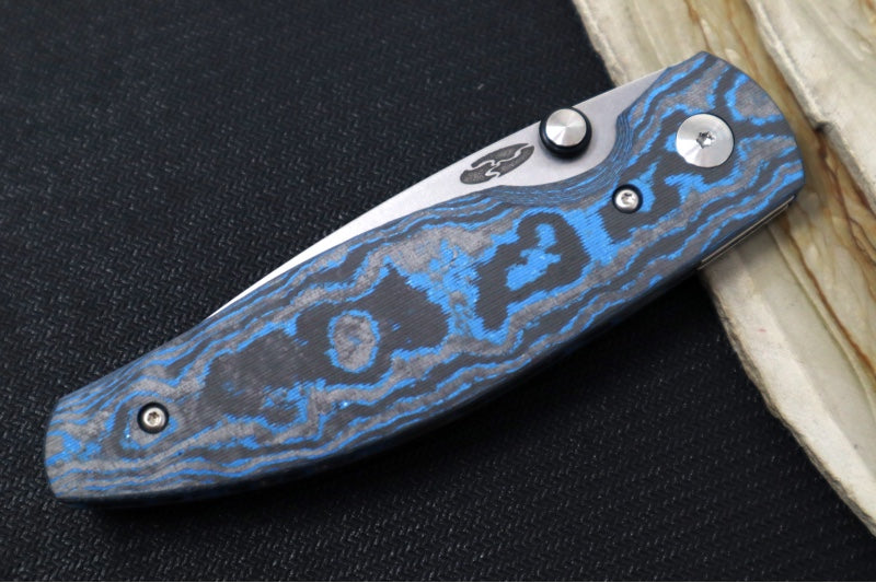 TRM Knives ATOM Linerlock - Electric Blue Camo Carbon Handle  / Magnacut Steel / Tumbled Finish