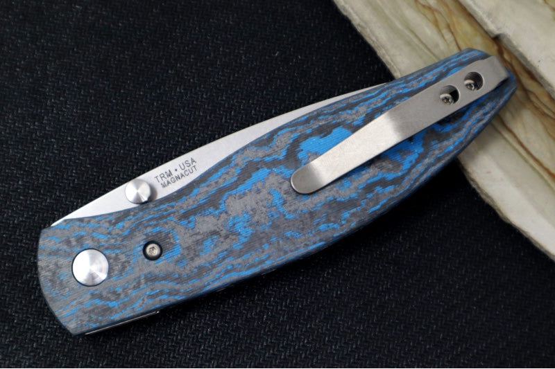 TRM Knives ATOM Linerlock - Electric Blue Camo Carbon Handle  / Magnacut Steel / Tumbled Finish