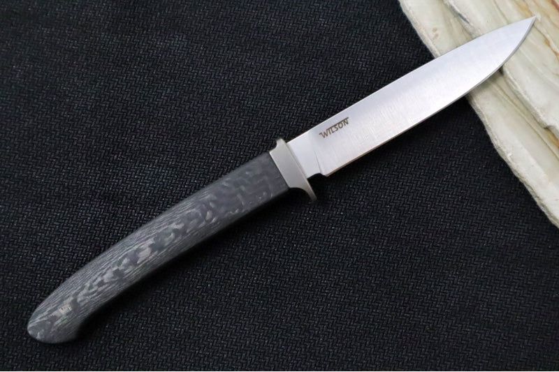 Lionsteel AG01 Fixed Blade - Black Carbon Fiber Handle & Titanium Bolsters / M390 Steel / Drop Point Blade / Brown Leather Sheath AG01CF