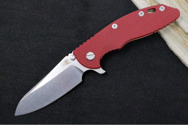 Rick Hinderer Knives XM-18 - Tri Way Pivot- 3.5" Sheepsfoot Blade / Stonewash Finish / Red G-10 Handle / Stonewashed Bronze Finished Frame / CPM-S45VN Steel