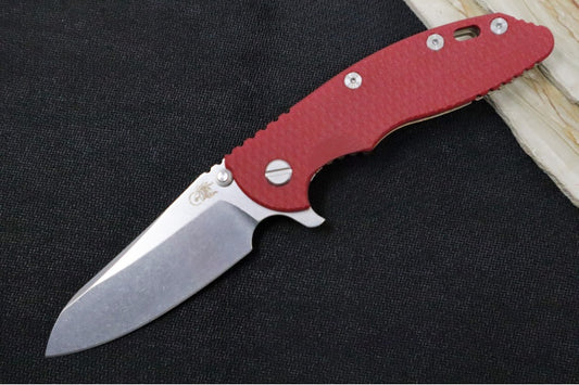 Rick Hinderer Knives XM-18 - Tri Way Pivot- 3.5" Sheepsfoot Blade / Stonewash Finish / Red G-10 Handle / Stonewashed Bronze Finished Frame / CPM-S45VN Steel