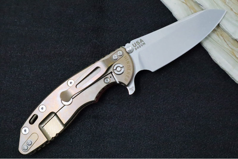 Rick Hinderer Knives XM-18 - Tri Way Pivot- 3.5" Sheepsfoot Blade / Stonewash Finish / Red G-10 Handle / Stonewashed Bronze Finished Frame / CPM-S45VN Steel - Northwest Knives