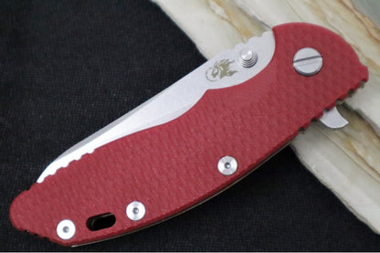 Rick Hinderer Knives XM-18 - Tri Way Pivot- 3.5" Sheepsfoot Blade / Stonewash Finish / Red G-10 Handle / Stonewashed Bronze Finished Frame / CPM-S45VN Steel