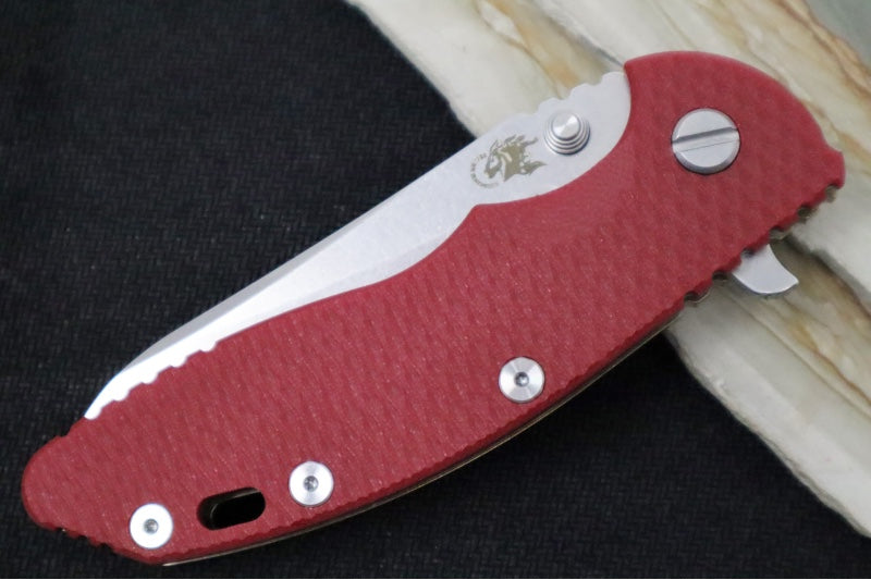 Rick Hinderer Knives XM-18 - Tri Way Pivot- 3.5" Sheepsfoot Blade / Stonewash Finish / Red G-10 Handle / Stonewashed Bronze Finished Frame / CPM-S45VN Steel - Northwest Knives