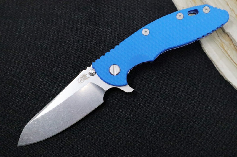 Rick Hinderer Knives XM-18 - Tri Way Pivot- 3.5" Sheepsfoot Blade / Stonewash Finish / Blue G-10 Handle / Stonewashed Blue Finished Frame / CPM-S45VN Steel