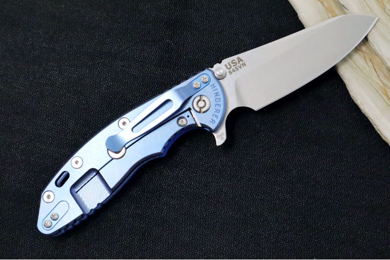Rick Hinderer Knives XM-18 - Tri Way Pivot- 3.5" Sheepsfoot Blade / Stonewash Finish / Blue G-10 Handle / Stonewashed Blue Finished Frame / CPM-S45VN Steel