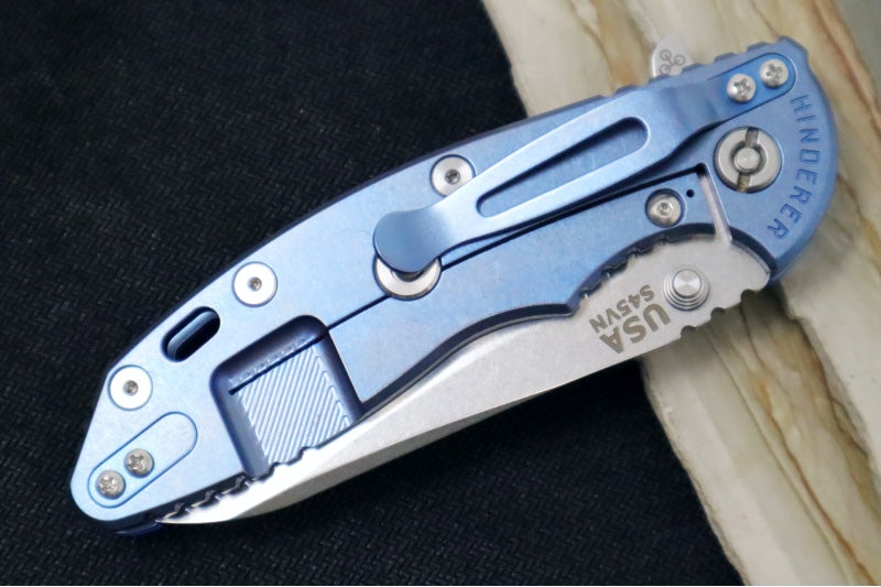 Rick Hinderer Knives XM-18 - Tri Way Pivot- 3.5" Sheepsfoot Blade / Stonewash Finish / Blue G-10 Handle / Stonewashed Blue Finished Frame / CPM-S45VN Steel