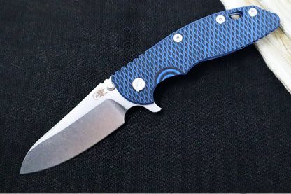 Rick Hinderer Knives XM-18 - Tri Way Pivot- 3.5" Sheepsfoot Blade / Stonewash Finish / Blue & Black G-10 Handle / Stonewashed Blue Finished Frame / CPM-S45VN Steel