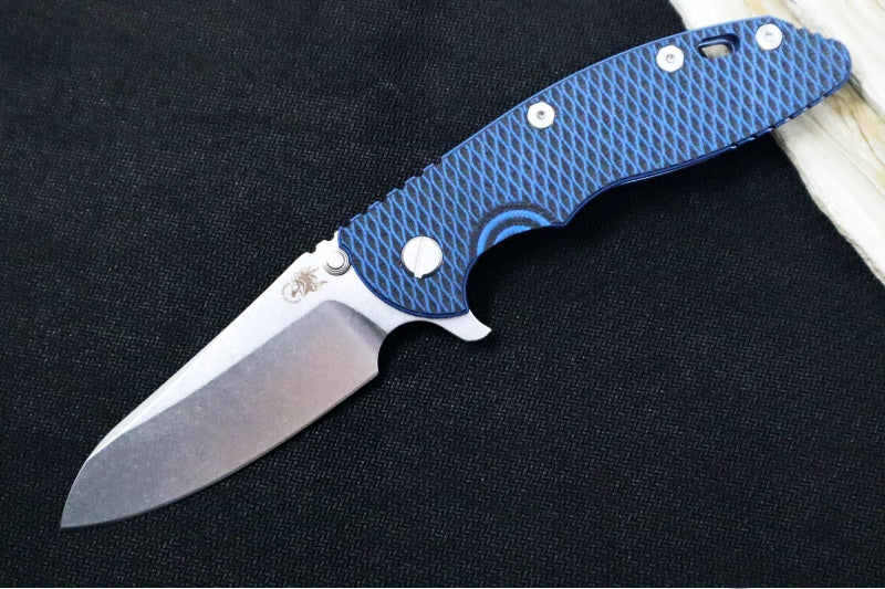 Rick Hinderer Knives XM-18 - Tri Way Pivot- 3.5" Sheepsfoot Blade / Stonewash Finish / Blue & Black G-10 Handle / Stonewashed Blue Finished Frame / CPM-S45VN Steel - Northwest Knives