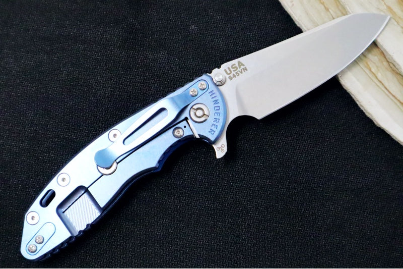 Rick Hinderer Knives XM-18 - Tri Way Pivot- 3.5" Sheepsfoot Blade / Stonewash Finish / Blue & Black G-10 Handle / Stonewashed Blue Finished Frame / CPM-S45VN Steel