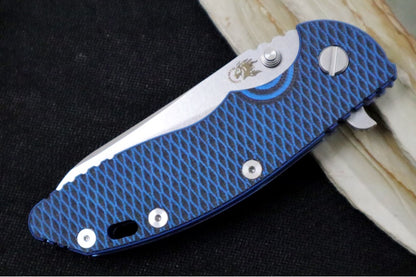 Rick Hinderer Knives XM-18 - Tri Way Pivot- 3.5" Sheepsfoot Blade / Stonewash Finish / Blue & Black G-10 Handle / Stonewashed Blue Finished Frame / CPM-S45VN Steel