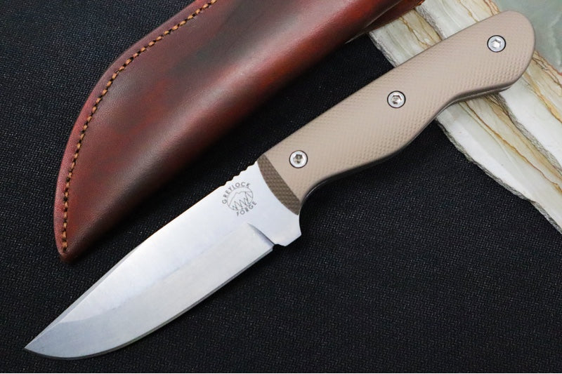 Greylock Forge Knives Fixed Blade - Bronze Anodized Aluminum Handle / Stonewashed Finish / 1095 Steel / Hand-Stiched Brown Leather Sheath - Northwest Knives