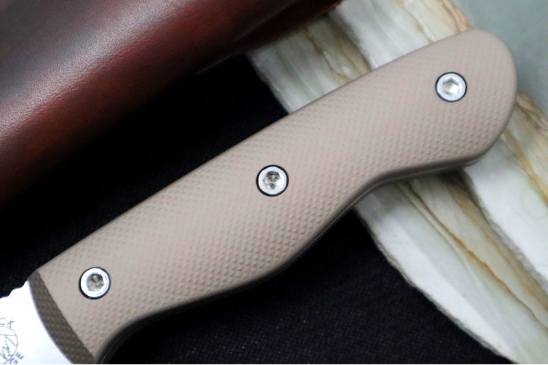 Greylock Forge Knives Fixed Blade - Bronze Anodized Aluminum Handle / Stonewashed Finish / 1095 Steel / Hand-Stiched Brown Leather Sheath - Northwest Knives