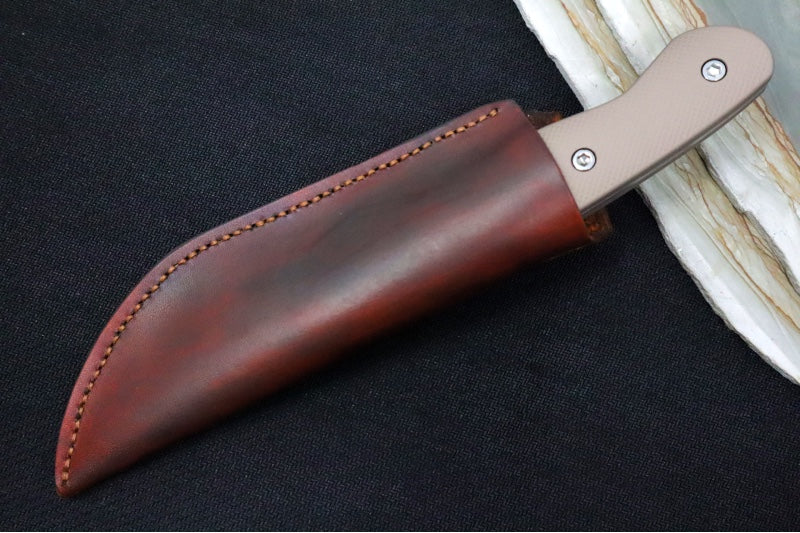 Greylock Forge Knives Fixed Blade - Bronze Anodized Aluminum Handle / Stonewashed Finish / 1095 Steel / Hand-Stiched Brown Leather Sheath