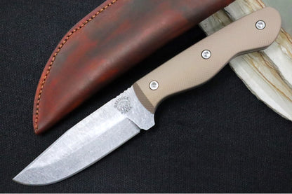 Greylock Forge Knives Fixed Blade - Bronze Anodized Aluminum Handle / Acid Washed Finish / 1095 Steel / Hand-Stiched Brown Leather Sheath