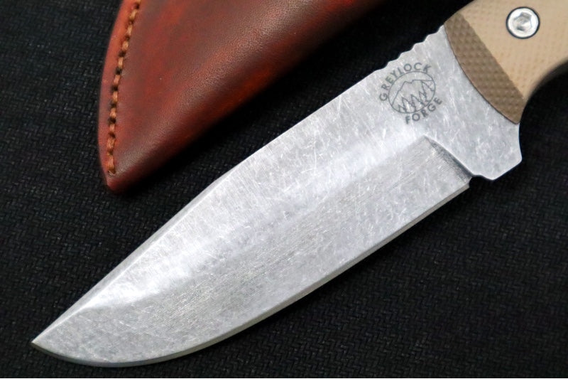 Greylock Forge Knives Fixed Blade - Bronze Anodized Aluminum Handle / Acid Washed Finish / 1095 Steel / Hand-Stiched Brown Leather Sheath - Northwest Knives