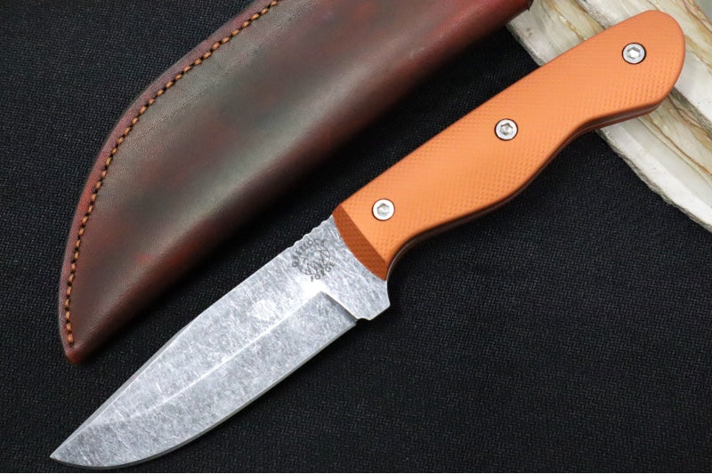 Greylock Forge Knives Fixed Blade - Orange Anodized Aluminum Handle / Acid Washed Finish / 1095 Steel / Hand-Stiched Brown Leather Sheath