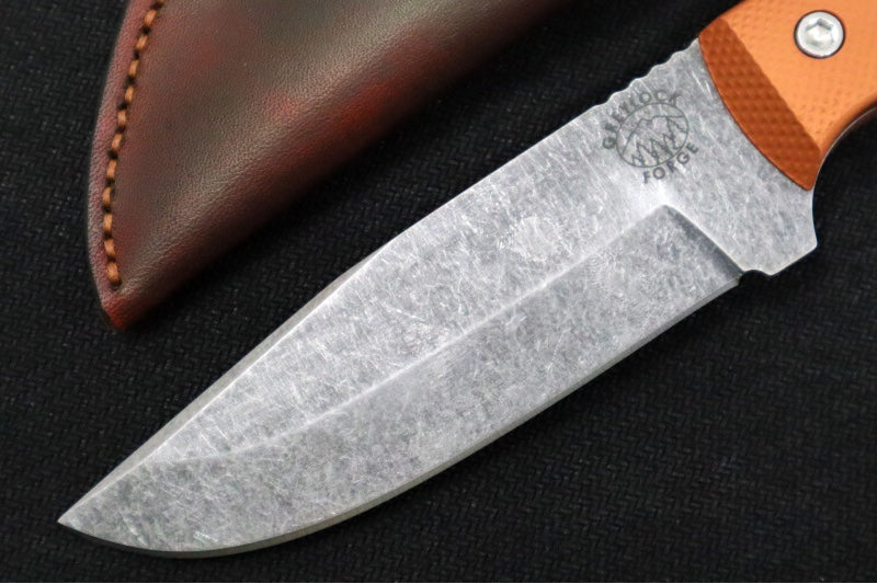 Greylock Forge Knives Fixed Blade - Orange Anodized Aluminum Handle / Acid Washed Finish / 1095 Steel / Hand-Stiched Brown Leather Sheath - Northwest Knives