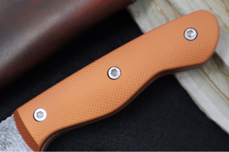 Greylock Forge Knives Fixed Blade - Orange Anodized Aluminum Handle / Acid Washed Finish / 1095 Steel / Hand-Stiched Brown Leather Sheath - Northwest Knives