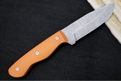 Greylock Forge Knives Fixed Blade - Orange Anodized Aluminum Handle / Acid Washed Finish / 1095 Steel / Hand-Stiched Brown Leather Sheath