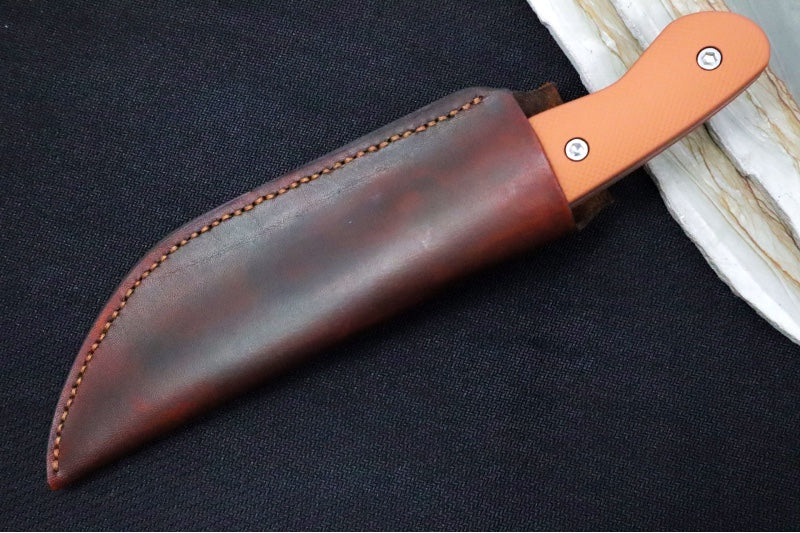 Greylock Forge Knives Fixed Blade - Orange Anodized Aluminum Handle / Acid Washed Finish / 1095 Steel / Hand-Stiched Brown Leather Sheath - Northwest Knives