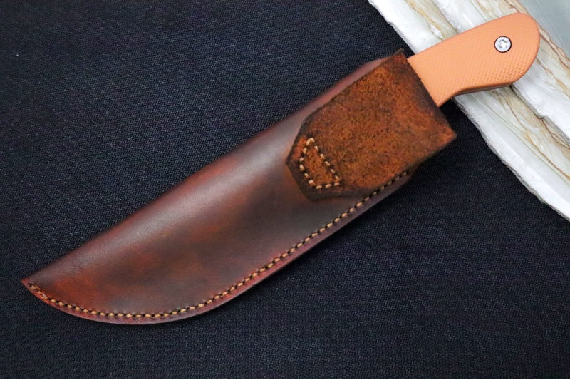 Greylock Forge Knives Fixed Blade - Orange Anodized Aluminum Handle / Acid Washed Finish / 1095 Steel / Hand-Stiched Brown Leather Sheath - Northwest Knives