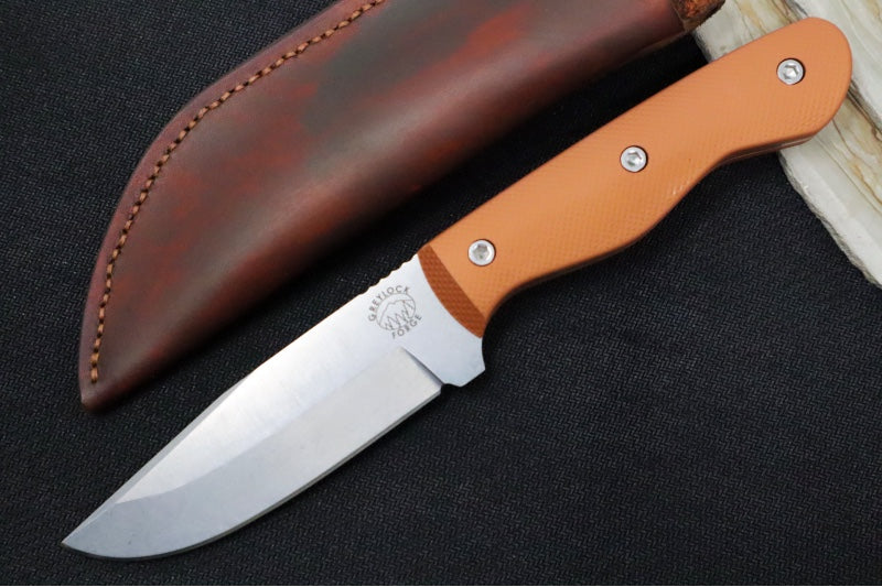 Greylock Forge Knives Fixed Blade - Orange Anodized Aluminum Handle / Stonewashed Finish / 1095 Steel / Hand-Stiched Brown Leather Sheath