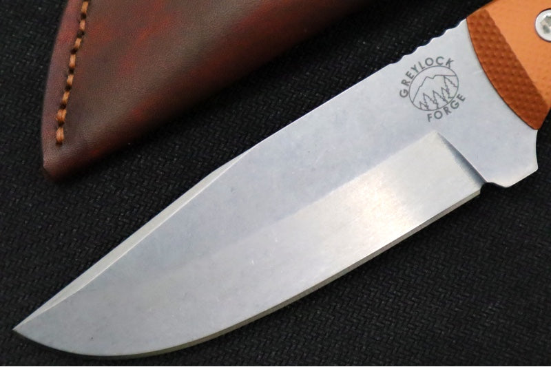 Greylock Forge Knives Fixed Blade - Orange Anodized Aluminum Handle / Stonewashed Finish / 1095 Steel / Hand-Stiched Brown Leather Sheath - Northwest Knives