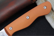 Greylock Forge Knives Fixed Blade - Orange Anodized Aluminum Handle / Stonewashed Finish / 1095 Steel / Hand-Stiched Brown Leather Sheath - Northwest Knives