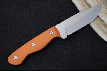 Greylock Forge Knives Fixed Blade - Orange Anodized Aluminum Handle / Stonewashed Finish / 1095 Steel / Hand-Stiched Brown Leather Sheath