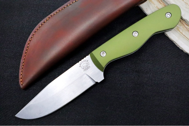 Greylock Forge Knives Fixed Blade - Green Anodized Aluminum Handle / Acid Washed Finish / 1095 Steel / Hand-Stiched Brown Leather Sheath