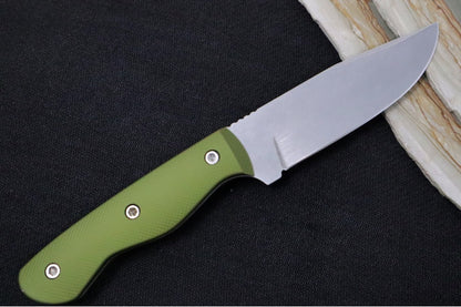 Greylock Forge Knives Fixed Blade - Green Anodized Aluminum Handle / Acid Washed Finish / 1095 Steel / Hand-Stiched Brown Leather Sheath