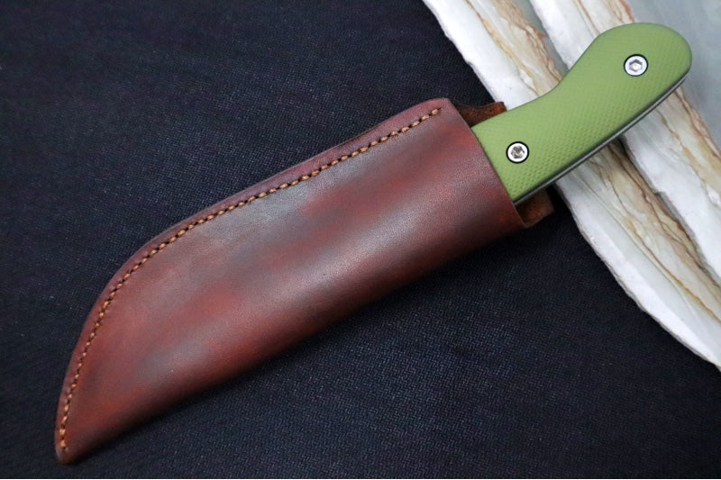 Greylock Forge Knives Fixed Blade - Green Anodized Aluminum Handle / Acid Washed Finish / 1095 Steel / Hand-Stiched Brown Leather Sheath