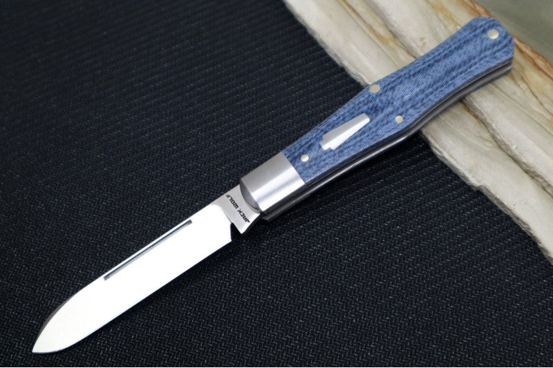 Jack Wolf Knives Coffin Slipjoint - Vibe Linen Denim Micarta Handle & Stainless Steel Bolsters / Drop Point Blade / Sandvik 14C28N Steel / Satin Finish