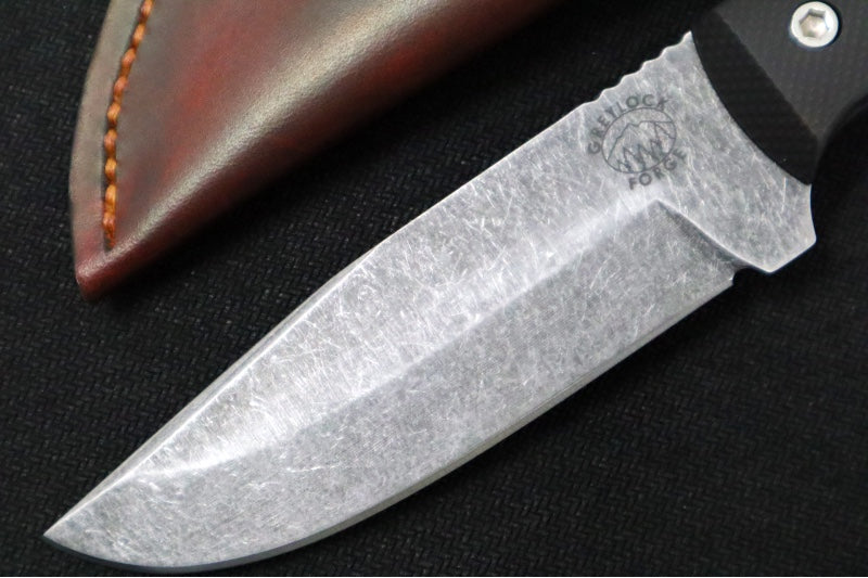 Greylock Forge Knives Fixed Blade - Black Anodized Aluminum Handle / Acid Washed Finish / 1095 Steel / Hand-Stiched Brown Leather Sheath - Northwest Knives