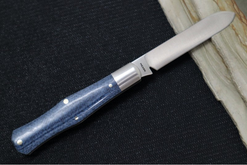 Jack Wolf Knives Coffin Slipjoint - Vibe Linen Denim Micarta Handle & Stainless Steel Bolsters / Drop Point Blade / Sandvik 14C28N Steel / Satin Finish