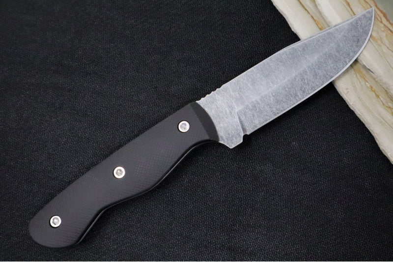 Greylock Forge Knives Fixed Blade - Black Anodized Aluminum Handle / Acid Washed Finish / 1095 Steel / Hand-Stiched Brown Leather Sheath - Northwest Knives