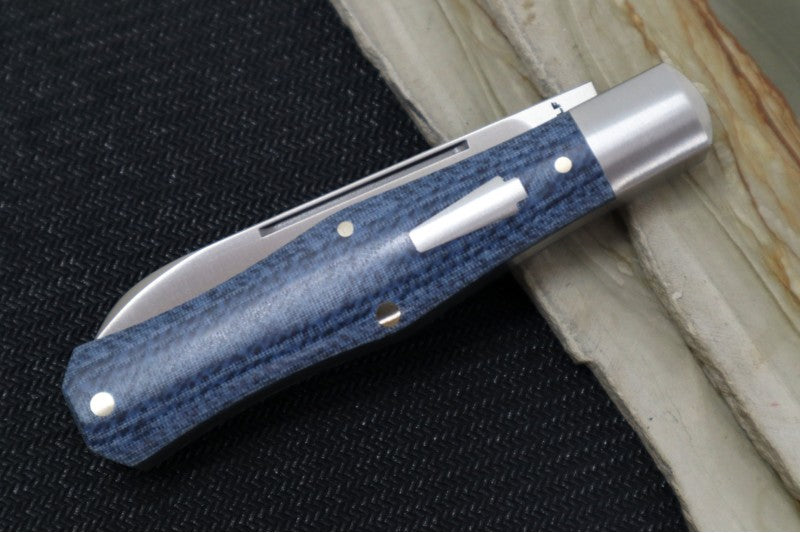 Jack Wolf Knives Coffin Slipjoint - Vibe Linen Denim Micarta Handle & Stainless Steel Bolsters / Drop Point Blade / Sandvik 14C28N Steel / Satin Finish