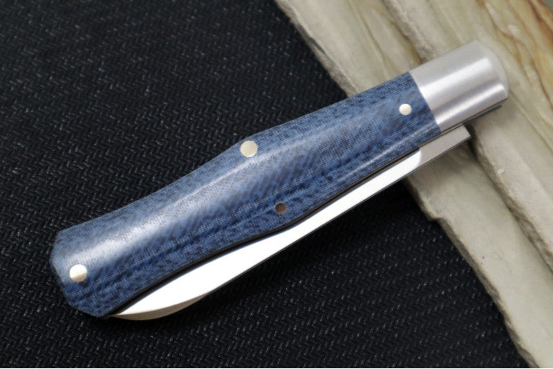 Jack Wolf Knives Coffin Slipjoint - Vibe Linen Denim Micarta Handle & Stainless Steel Bolsters / Drop Point Blade / Sandvik 14C28N Steel / Satin Finish