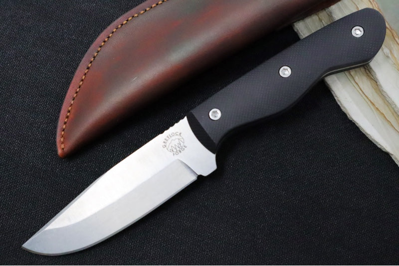 Greylock Forge Knives Fixed Blade - Black Anodized Aluminum Handle / Stonewashed Finish / 1095 Steel / Hand-Stiched Brown Leather Sheath - Northwest Knives