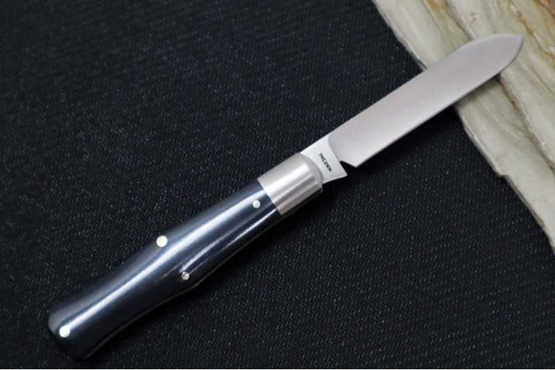 Jack Wolf Knives Coffin Slipjoint - Black Smooth Bone Handle & Stainless Steel Bolsters / Drop Point Blade / Sandvik 14C28N Steel / Satin Finish