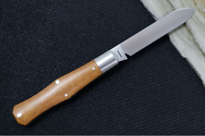 Jack Wolf Knives Coffin Slipjoint - Maple Valley Richlite Handle & Stainless Steel Bolsters / Drop Point Blade / Sandvik 14C28N Steel / Satin Finish