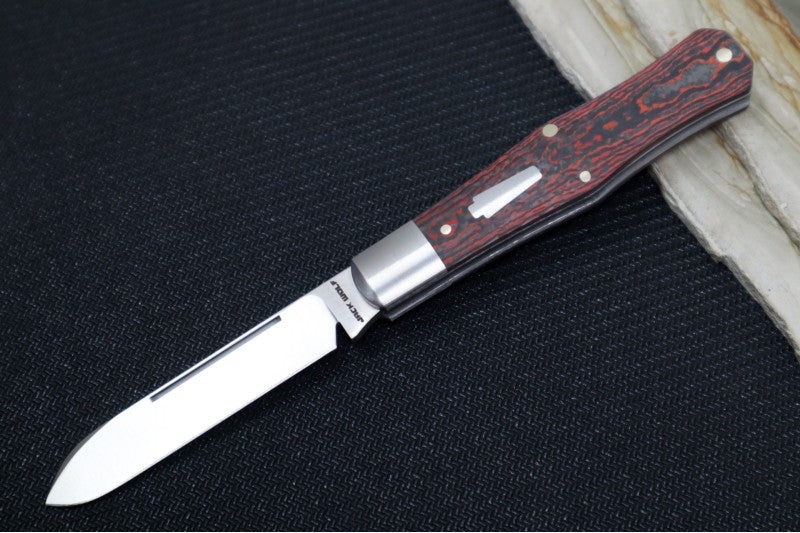 Jack Wolf Knives Coffin Slipjoint - Fat Carbon Lava Flow Handle & Stainless Steel Bolsters / Drop Point Blade / Sandvik 14C28N Steel / Satin Finish