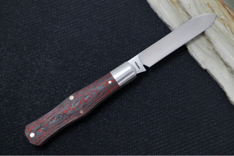 Jack Wolf Knives Coffin Slipjoint - Fat Carbon Lava Flow Handle & Stainless Steel Bolsters / Drop Point Blade / Sandvik 14C28N Steel / Satin Finish