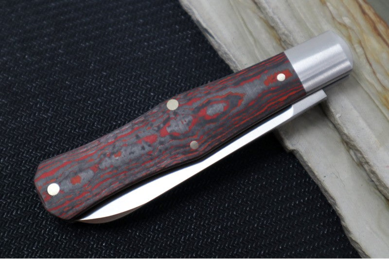 Jack Wolf Knives Coffin Slipjoint - Fat Carbon Lava Flow Handle & Stainless Steel Bolsters / Drop Point Blade / Sandvik 14C28N Steel / Satin Finish