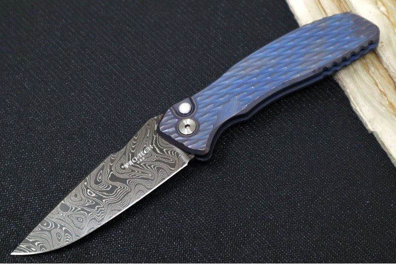 Pro Tech Pallas Auto Blade Show West Exclusive - Distress Blue & Bronzed Anodized Titanium Lattice Textured Handle / Chad Nichols Boomerang Damascus Steel / Black Lip Pearl Push Button / Blue Ti Wide Deep Carry Clip - Northwest Knives