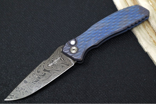 Pro Tech Pallas Auto Blade Show West Exclusive - Distress Blue & Bronzed Anodized Titanium Lattice Textured Handle / Chad Nichols Boomerang Damascus Steel / Black Lip Pearl Push Button / Blue Ti Wide Deep Carry Clip - Northwest Knives